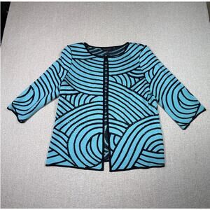 Ming Wang Womens Large Aqua Black Open Front 3/4 Sleeve Stretch Soft Cardigan